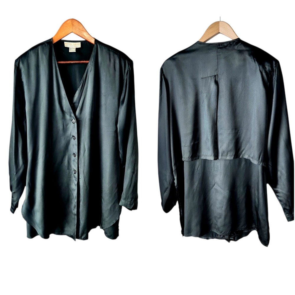 Niveali Classix Silk Layered Button Up Blouse Womens L Black Long Sleeve Shirt